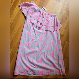 Vineyard Vines One Shoulder Dress Sz 12 Bougainvillea Ruffle Pink Crystal Blue
